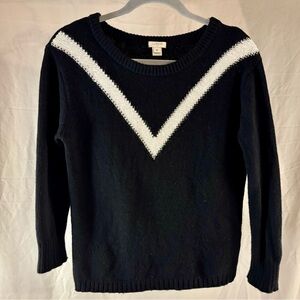J. Crew Black and White Crew Neck Sweater with V Neck Pattern Wool Blend Medium